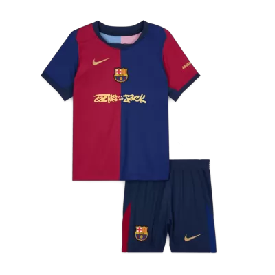 Kid's Barcelona X Travis Scott Home Soccer Jersey Kit(Jersey+Shorts) 2024/25 Red&Blue - gojersey