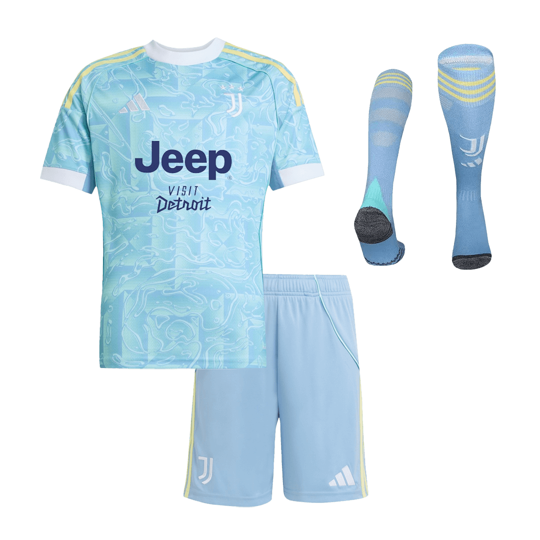 Kid's Juventus Away Soccer Jersey Kit(Jersey+Shorts+Socks)  25/26 Blue - gojersey