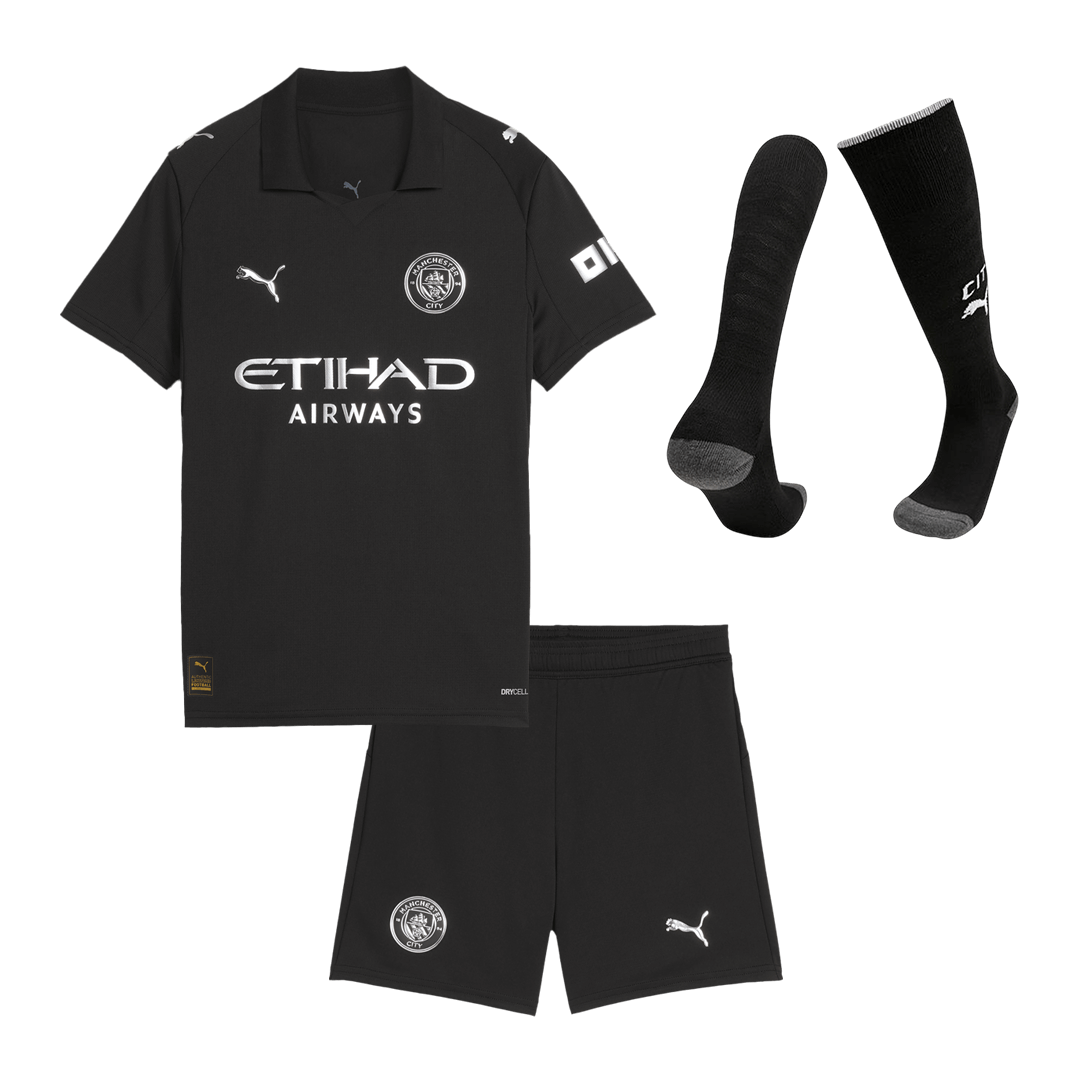 Kid's Manchester City Away Soccer Jersey Kit(Jersey+Shorts+Socks) 2025/26 Black - gojersey