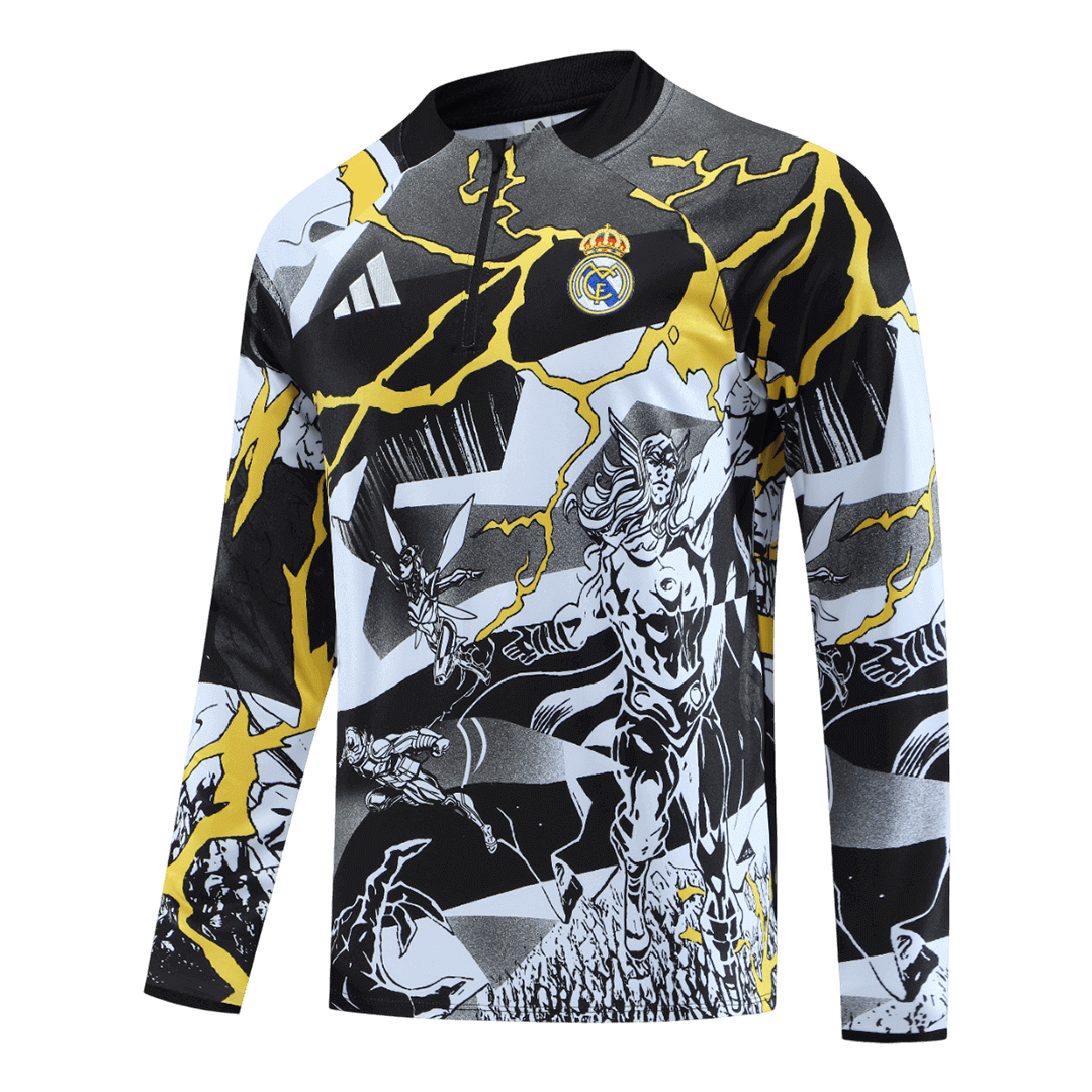 Kid's Real Madrid x MARVEL Zipper Sweatshirt Kit(Top+Pants) 25/26 Black - gojersey