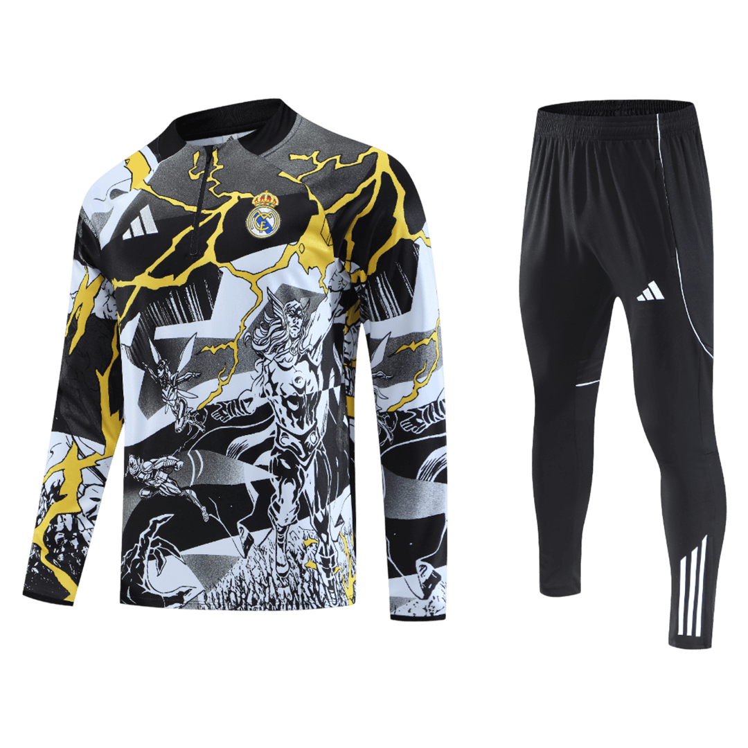Kid's Real Madrid x MARVEL Zipper Sweatshirt Kit(Top+Pants) 25/26 Black - gojersey